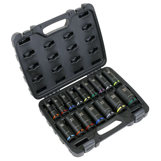 Sealey Metric Deep Impact Socket Set 16pc 1/2Sq Drive 6-point WallDrive AK5818M