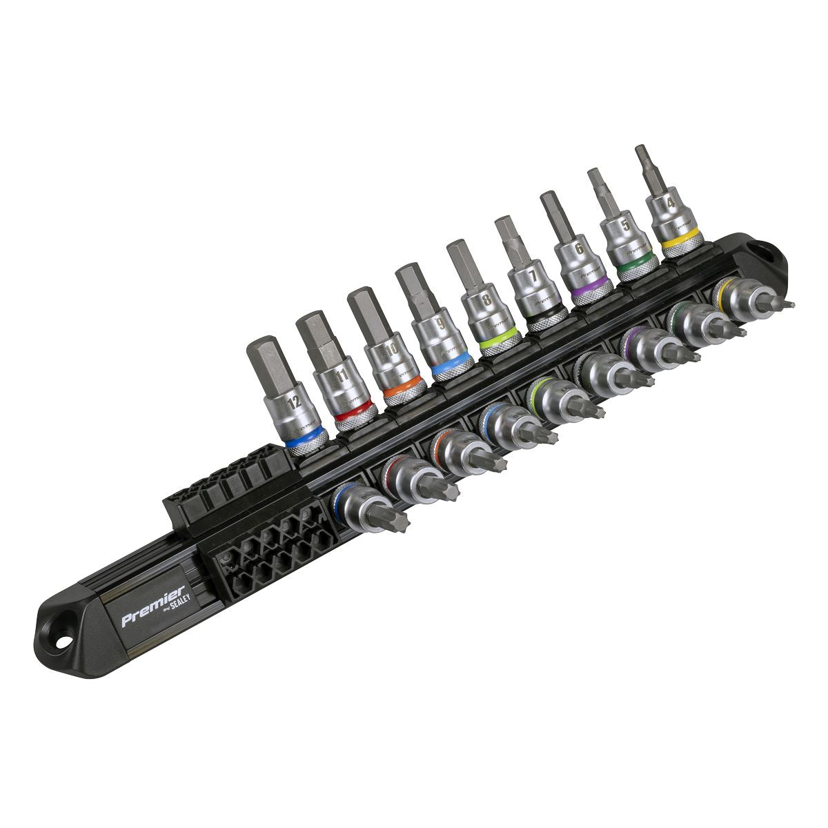 Sealey Premier Hex & Torx Star Socket Bit Set 3/8"D 18pc On A Rail AK6252