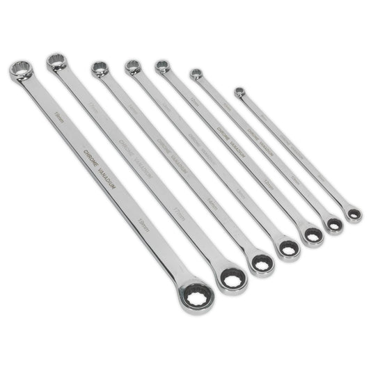 Sealey Double Ring Ratchet/Fixed Spanner Set 7pc Extra-Long Metric AK6319