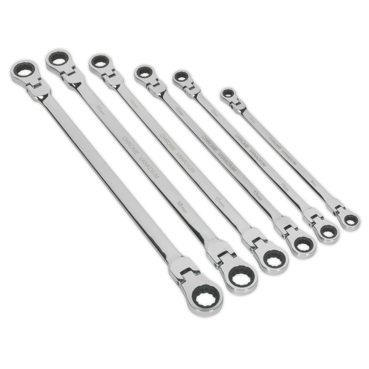Sealey Flexi-Head Double End Ratchet Ring Spanner Set 6pc Extra-Long Metric AK63832