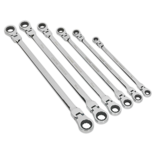 Sealey Flexi-Head Double End Ratchet Ring Spanner Set 6pc Extra-Long Metric AK63832