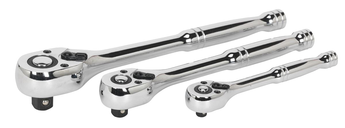 Sealey Ratchet Wrench Set 3pc Pear Head Flip Reverse 1/4" 3/8" and 1/2"D AK6672
