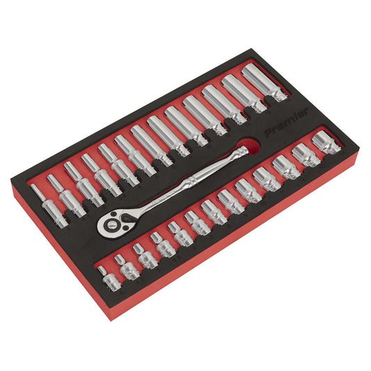 Sealey Metric Ratchet Wrench & Socket Set 27pc 1/4"D Deep And Standard AK66721