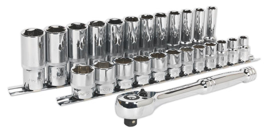 Sealey Metric Ratchet Wrench & Socket Set 25pc 3/8"D Deep And Shallow AK66722
