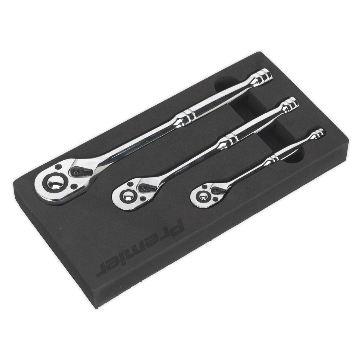 Sealey Ratchet Wrench Set 3pc Pear Head Flip Reverse 1/4" 3/8" and 1/2"D AK6672