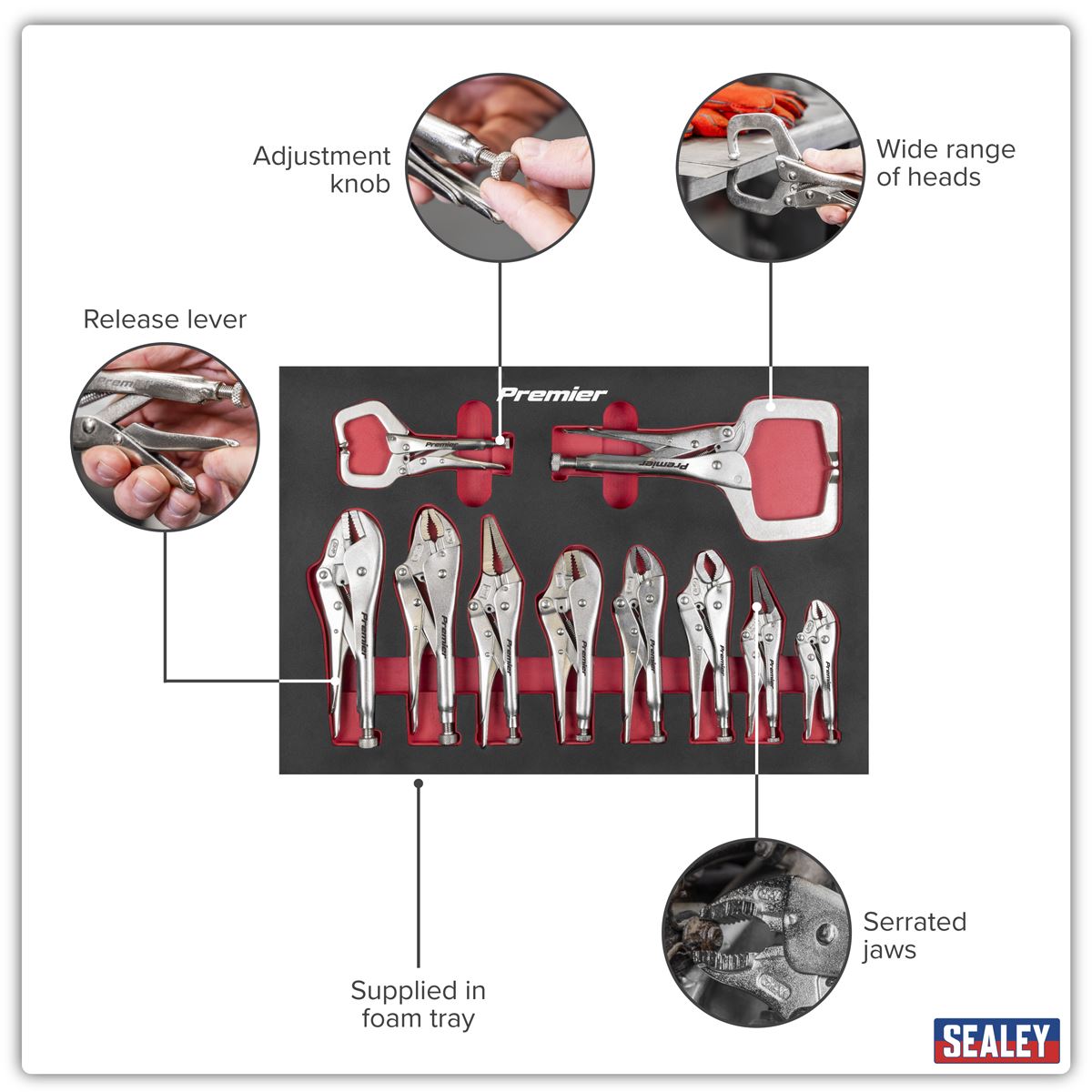 Sealey Premier Locking Pliers Set with Foam Tray 10pc AK6802