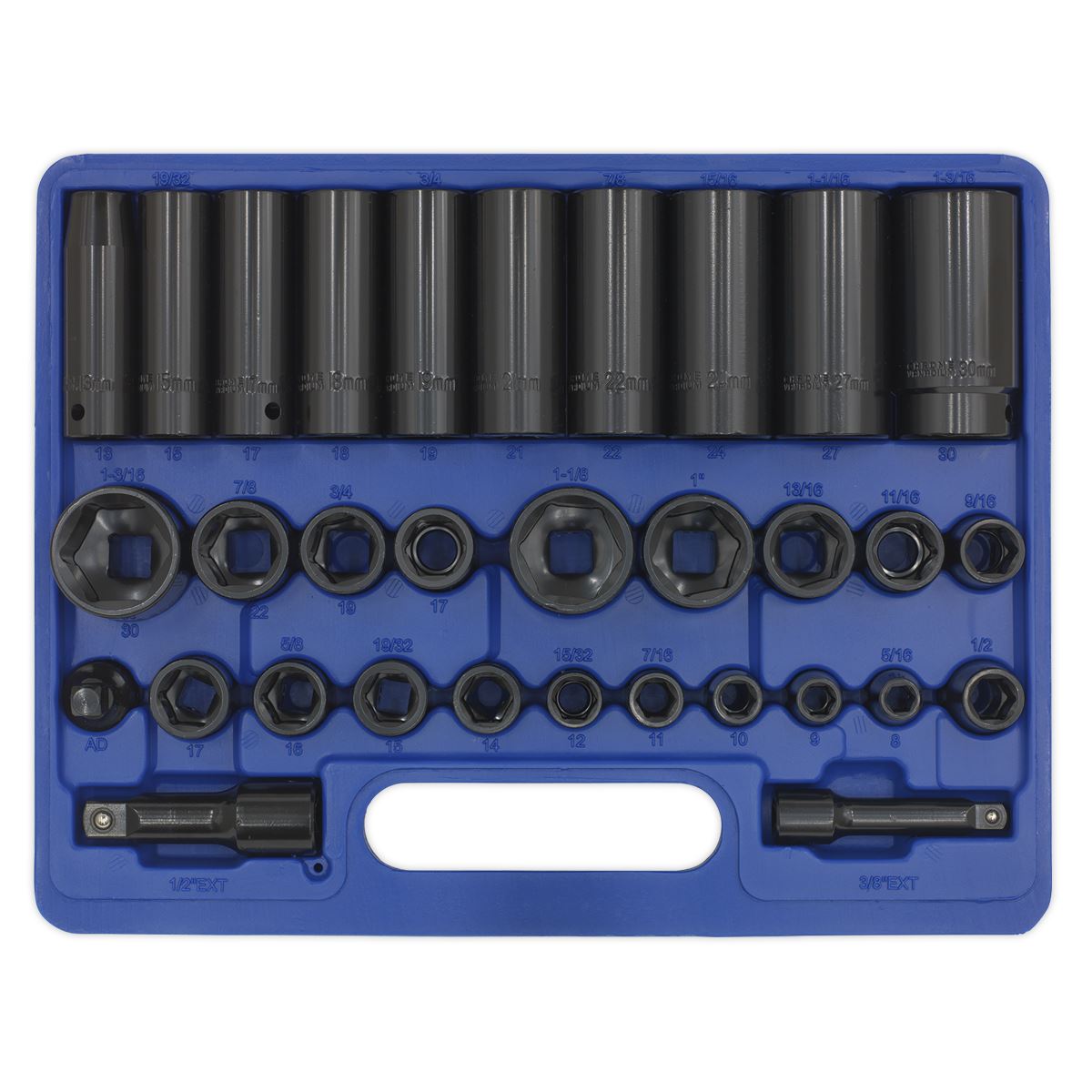 Sealey Impact Socket Set 32pc Standard Deep 3/8" & 1/2"D Metric Imperial AK681