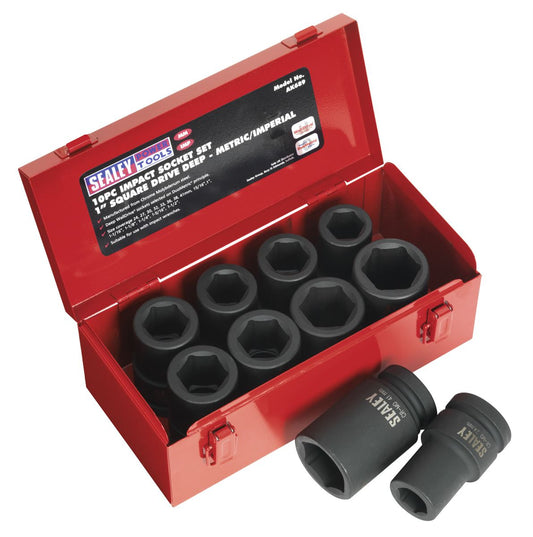 Sealey Metric Imperial Deep Impact Socket Set 10pc 1"D Single Hex AK689