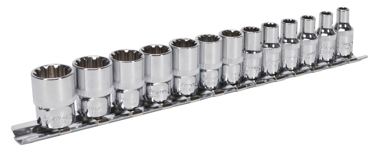 Sealey Total Drive Socket Set 13pc 1/4"D Mirror Finish On A Rail AK69813