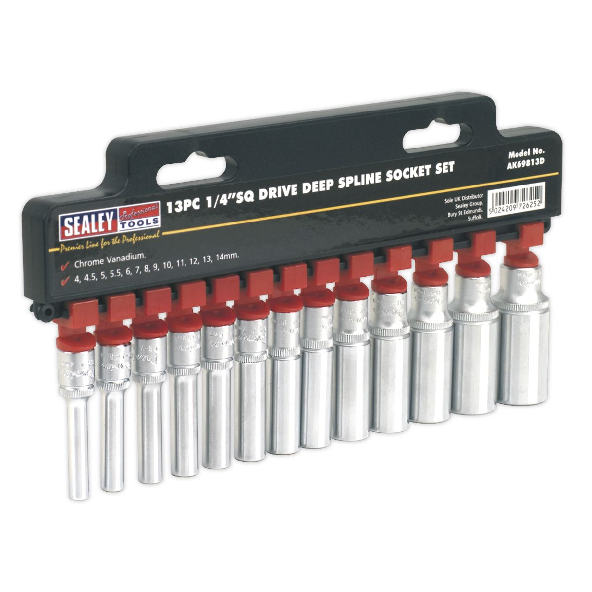 Sealey Total Drive Socket Set 13pc Deep 1/4"D Metric Satin Finish AK69813D