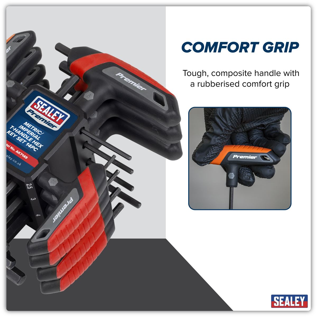 Sealey Premier Metric Imperial T-Handle Hex Key Set 14pc Comfort Grip AK7149