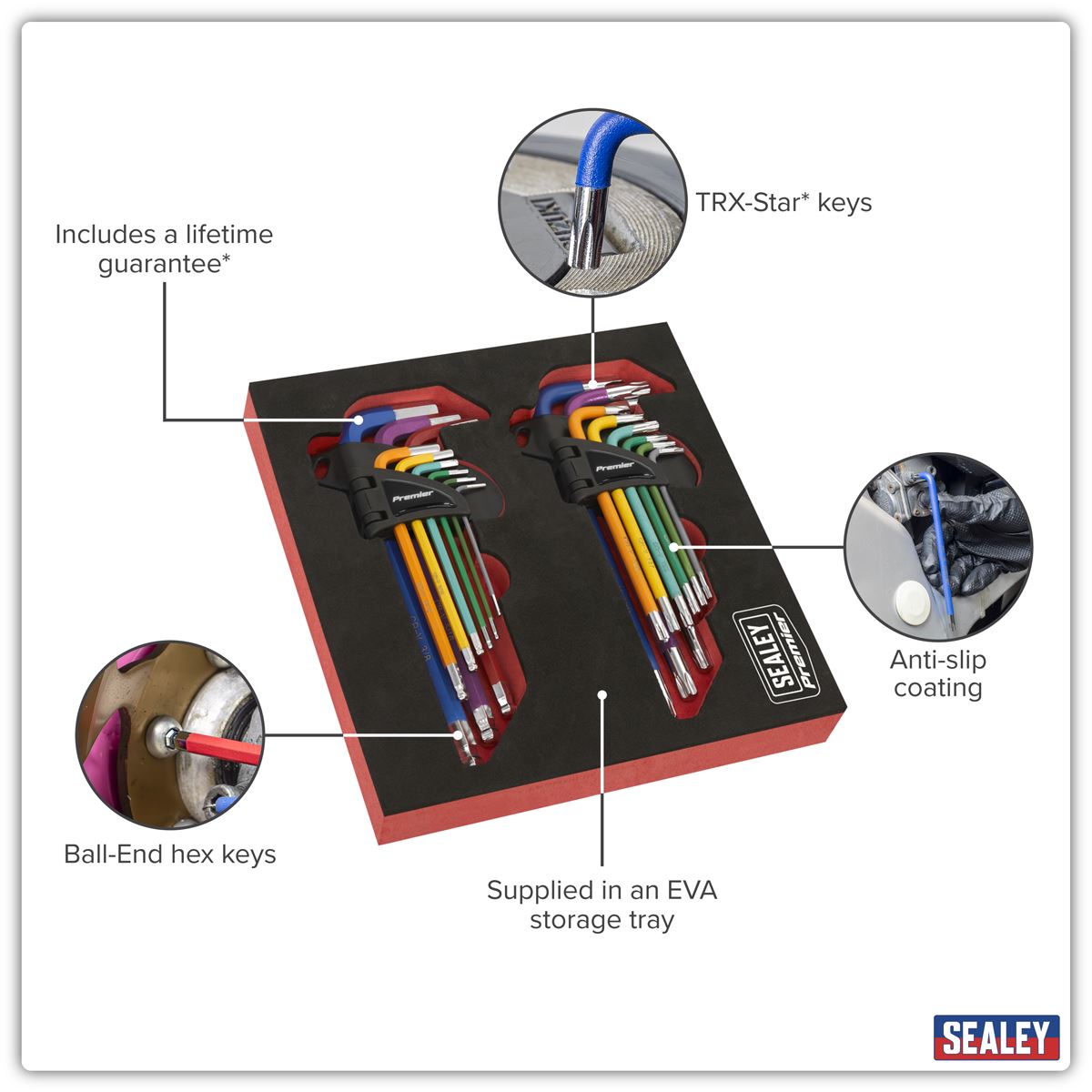 Sealey Torx Star & Ball End Hex Key Set 18pc Long Anti-Slip EVA Tray AK7199