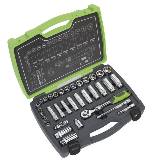 Sealey Metric Socket Set 34pc 3/8"D Deep And Shallow Single Hex AK7960