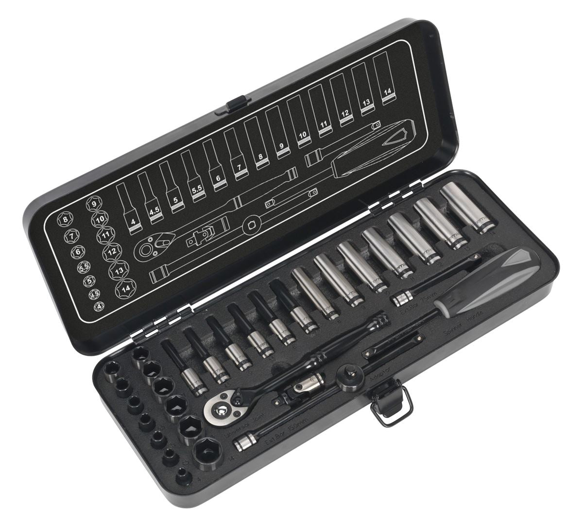 Sealey Socket Set 32pc 1/4"Sq Drive 6pt WallDrive&reg; Metric Black Series AK7970