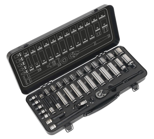 Metric Socket Set 34pc 3/8"D WallDrive Black Series Single Hex Sealey AK7971