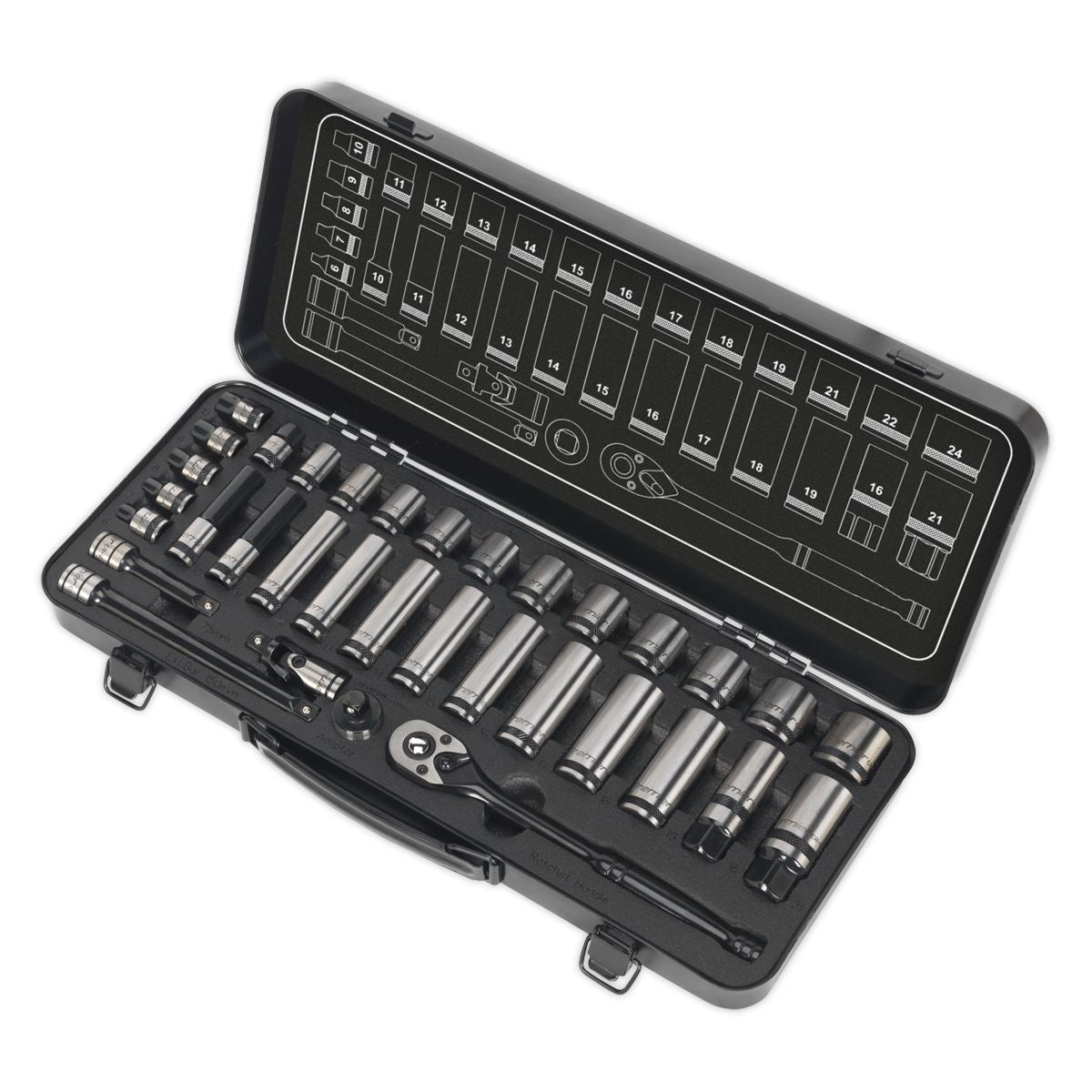 Metric Socket Set 34pc 3/8"D WallDrive Black Series Single Hex Sealey AK7971