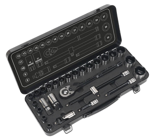 Socket Set 28pc 1/2"D 6pt WallDrive Metric Black Series Boxed Sealey AK7972