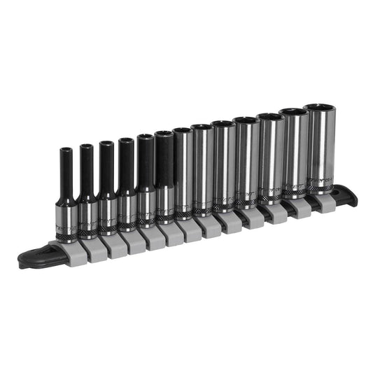 Metric Socket Set Deep 13pc 1/4"D Black Series Single Hex Sealey Railed AK7991