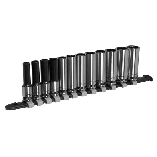 Metric Socket Set Deep 12pc 3/8"D Black Series Single Hex Railed Sealey AK7993