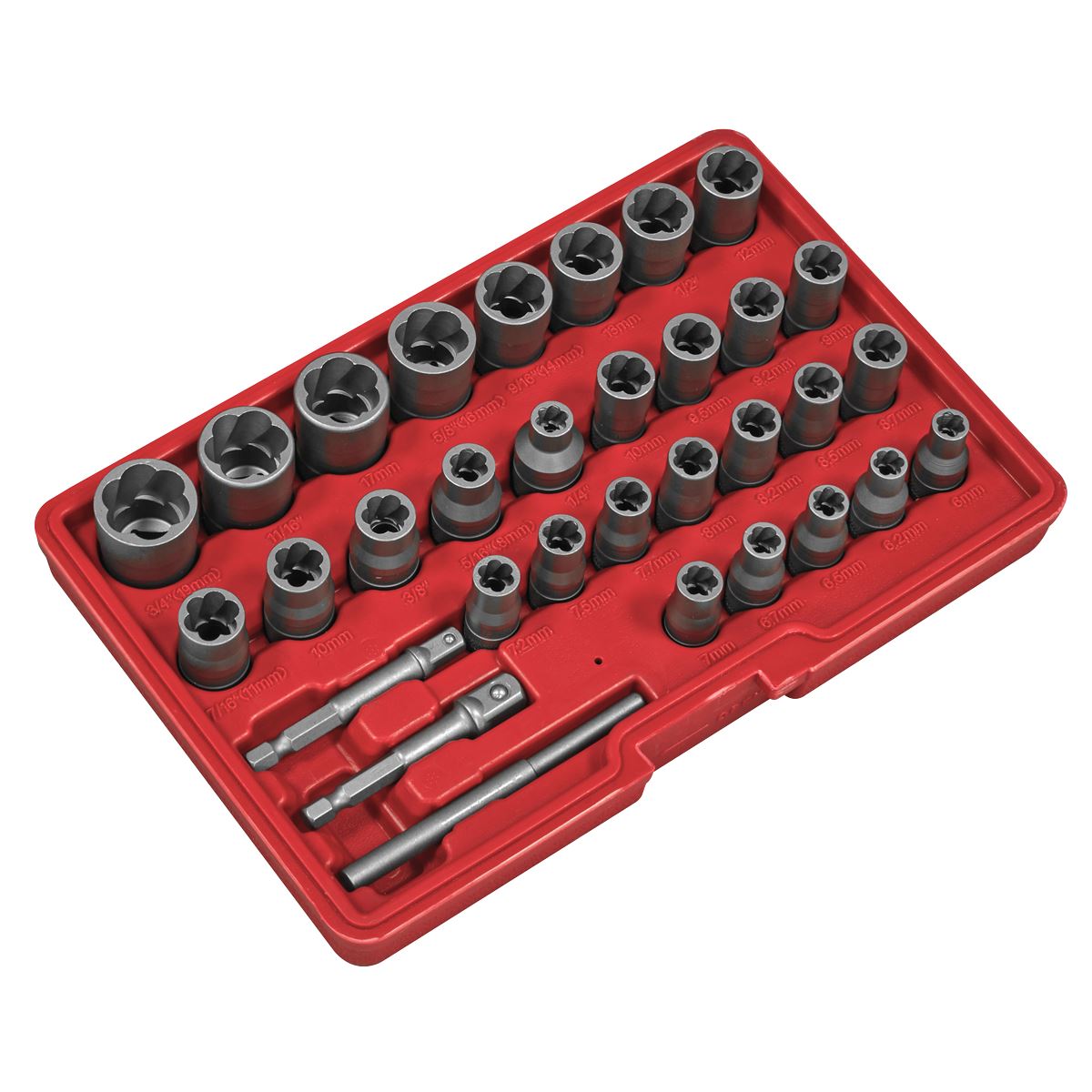 Sealey Nut & Bolt Extractor Set 32pc Slim Design Reverse Spiral Flutes AK8132