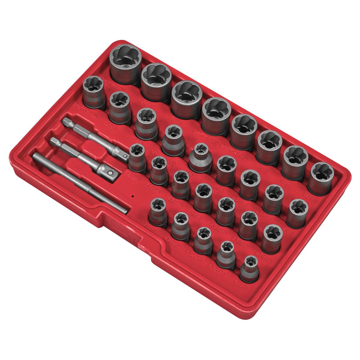 Sealey Nut & Bolt Extractor Set 32pc Slim Design Reverse Spiral Flutes AK8132