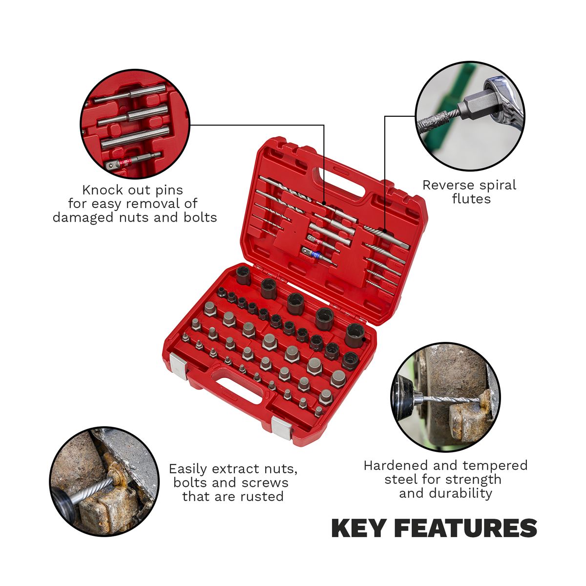 Sealey Master Nut Bolt Screw Extractor Set 56pc Internal External & Bits AK8156