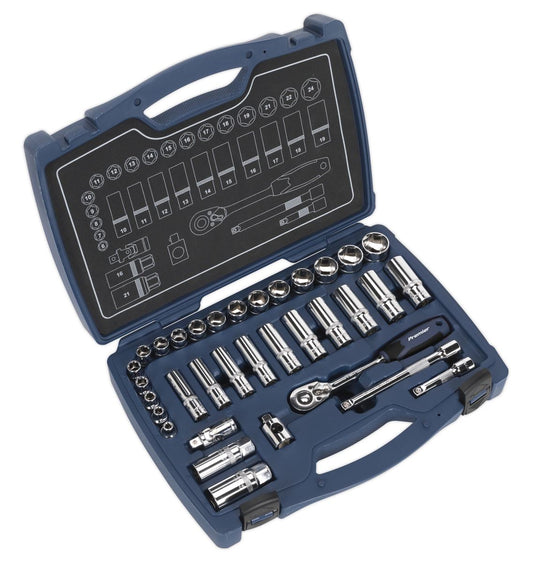 Metric Socket Set 34pc 3/8"D 6pt WallDrive Standard And Deep Sealey AK8991