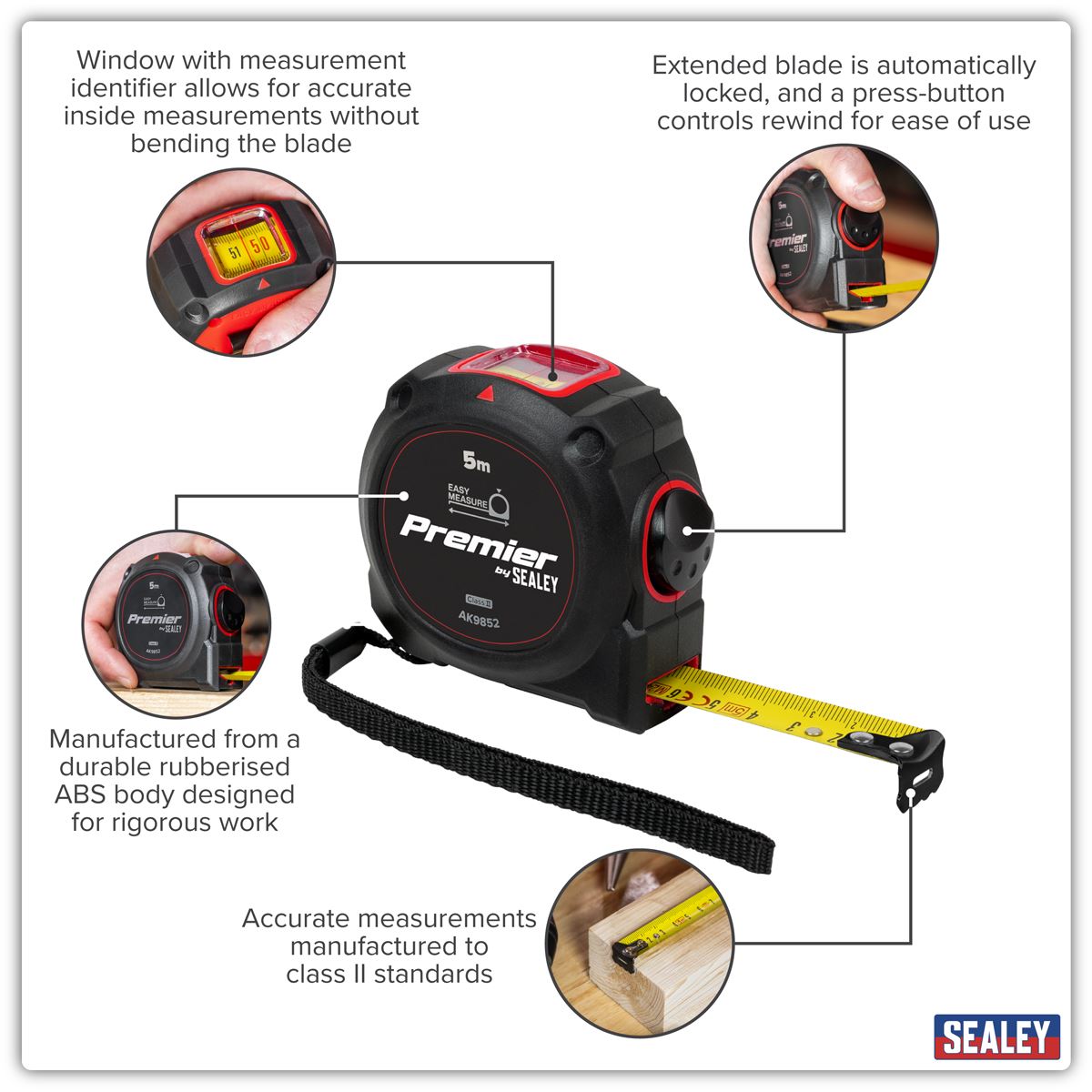 Sealey Premier Window View Tape Measure 5m x 19mm ABS Body Belt Clip AK9852