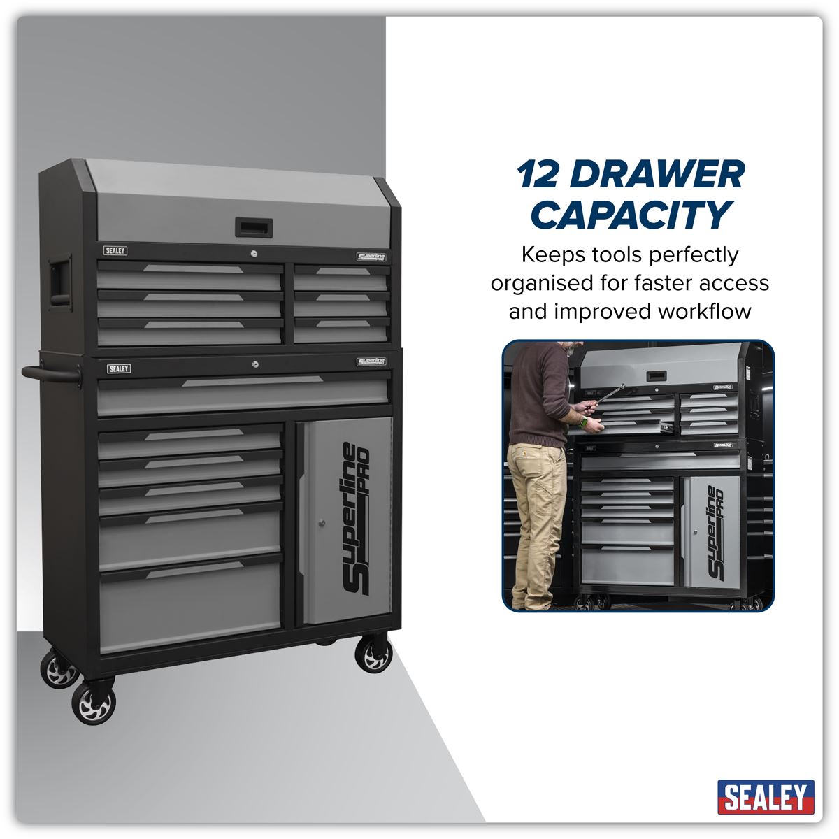 Sealey Superline Pro&reg; Topchest & Rollcab Combination 12 Drawer & 1 Door Cupboard - Grey AP1080GR