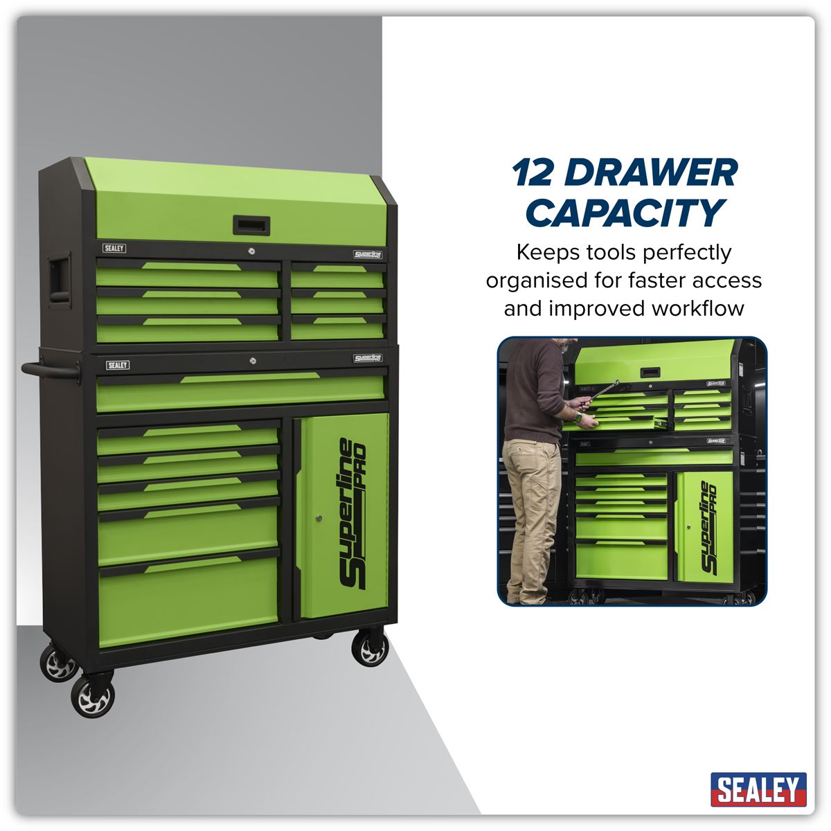 Sealey Superline Pro&reg; Topchest & Rollcab Combination 12 Drawer & 1 Door Cupboard - Green AP1080HVG