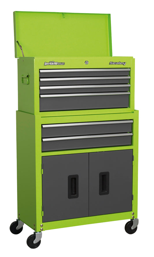 Sealey Topchest & Rollcab Combination 6 Drawer with Ball-Bearing Slides - Hi-Vis Green/Grey AP2200BBHV