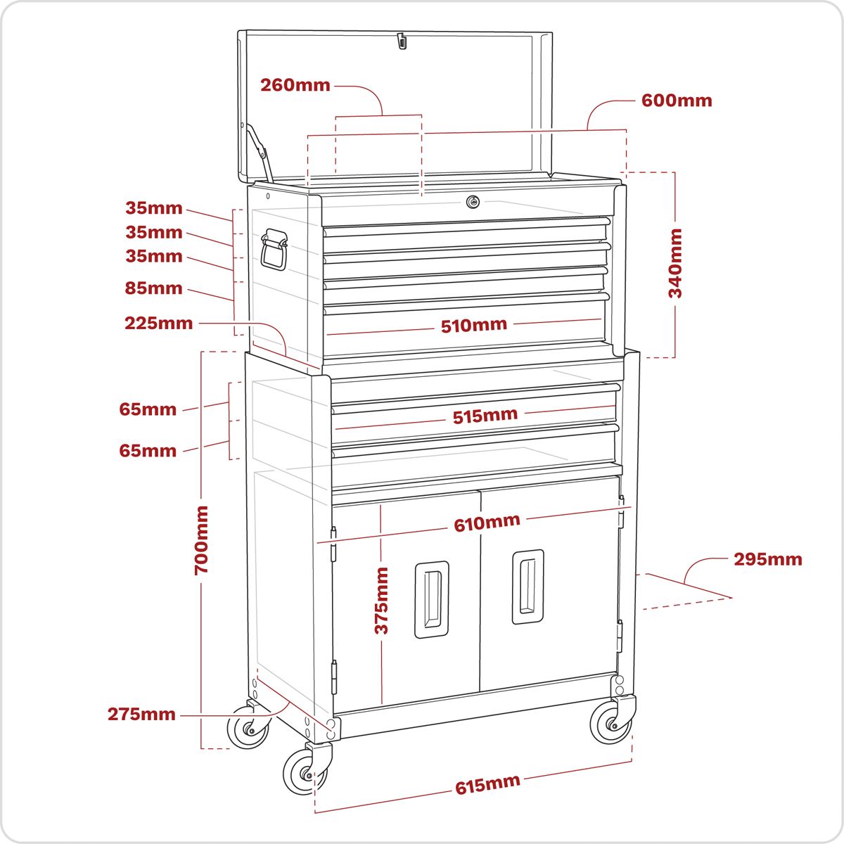 Sealey Topchest & Rollcab Combination 6 Drawer with Ball-Bearing Slides- Red AP2200BB