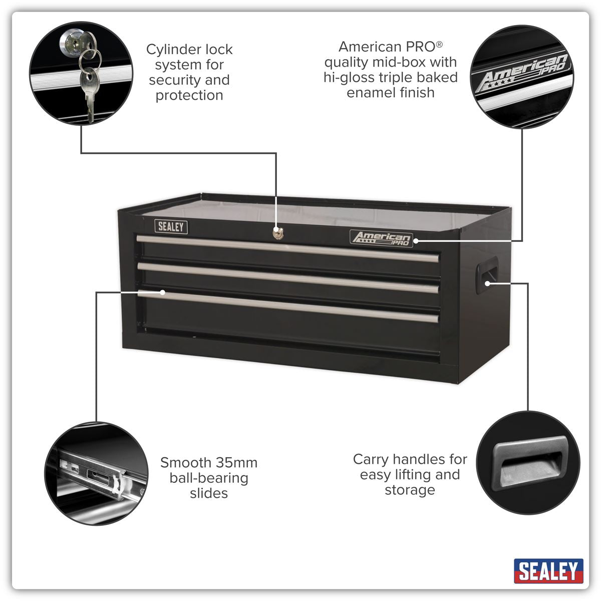 Sealey Mid-Box 3 Drawer with Ball-Bearing Slides - Black AP223B
