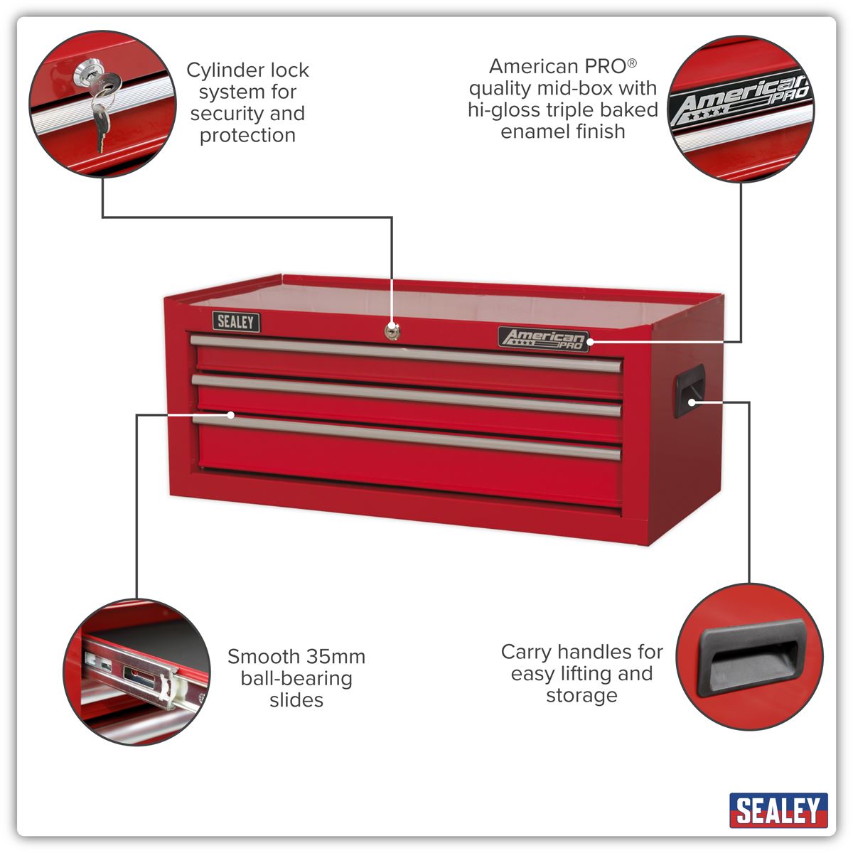 Sealey Mid-Box 3 Drawer with Ball-Bearing Slides - Red AP223