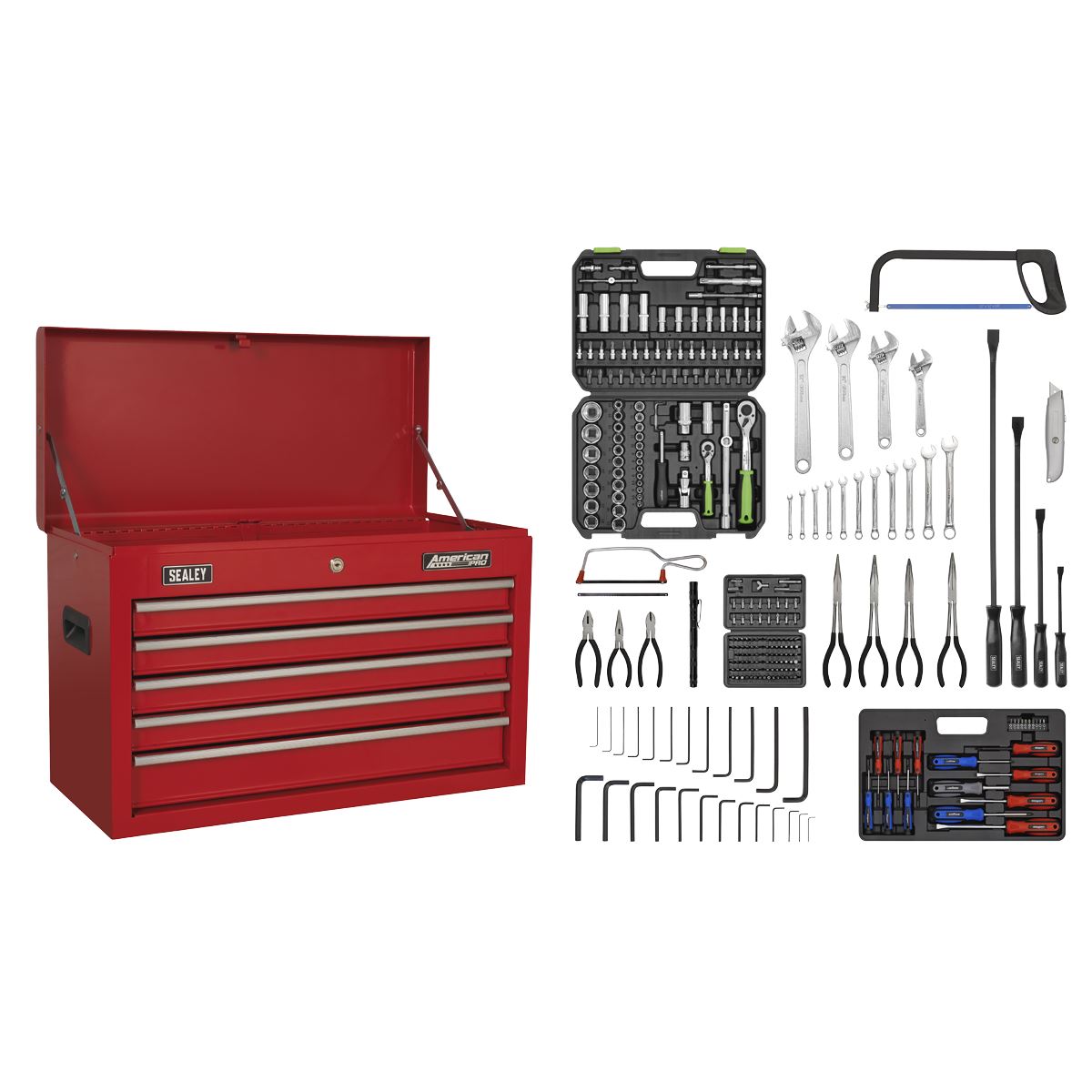 Sealey Topchest 5 Drawer with Ball-Bearing Slides - Red & 272pc Tool Kit AP225COMBO