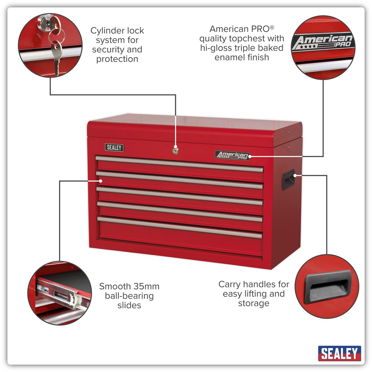 Sealey Topchest 5 Drawer with Ball-Bearing Slides - Red AP225