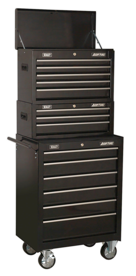 Sealey Topchest, Mid-Box & Rollcab 14 Drawer Stack - Black AP22BSTACK