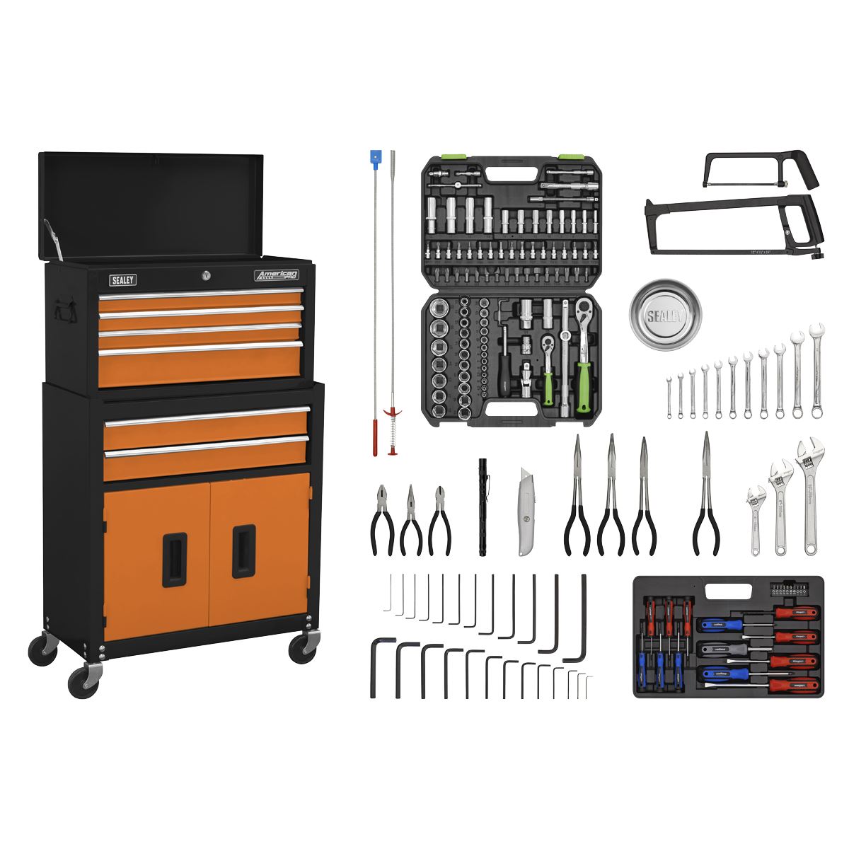 Sealey Topchest & Rollcab Combination 6 Drawer with Ball-Bearing Slides - Orange/Black & 170pc Tool Kit AP22OCOMBO