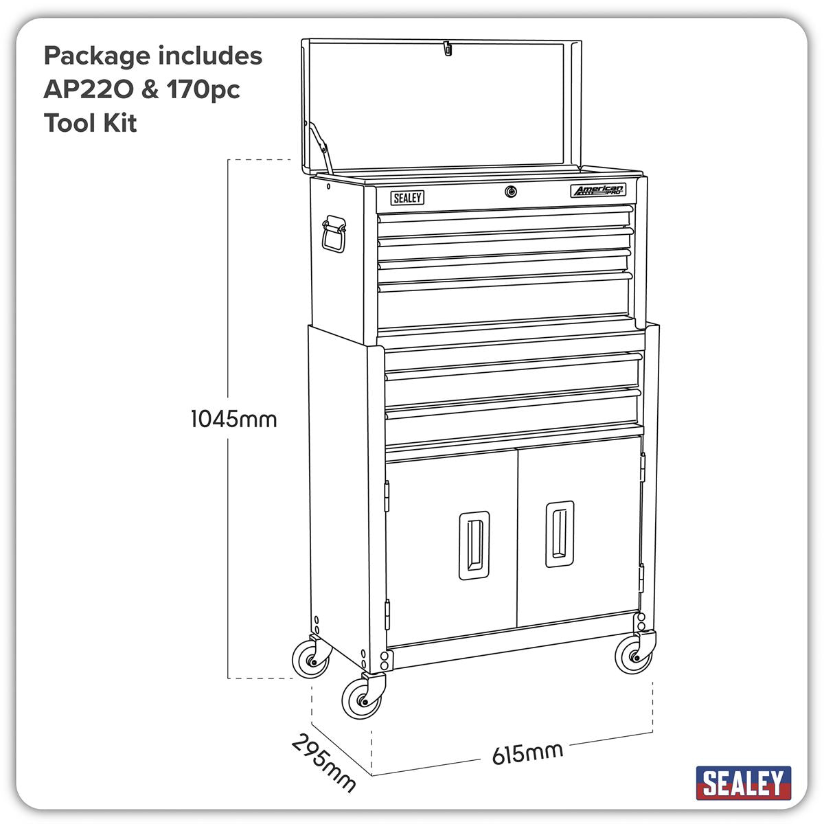 Sealey Topchest & Rollcab Combination 6 Drawer with Ball-Bearing Slides - Orange/Black & 170pc Tool Kit AP22OCOMBO