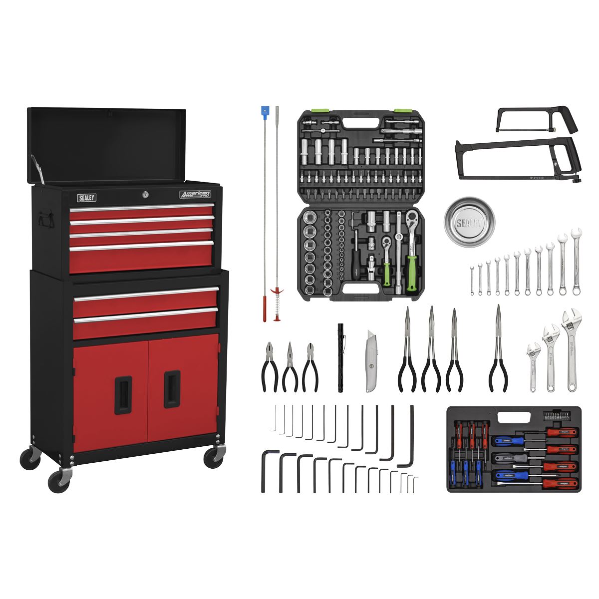 Sealey Topchest & Rollcab Combination 6 Drawer with Ball-Bearing Slides - Red/Black & 170pc Tool Kit AP22RCOMBO