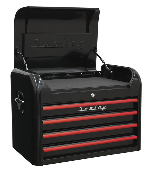Sealey Topchest 4 Drawer Retro Style - Black with Red Anodised Drawer Pulls AP28104BR