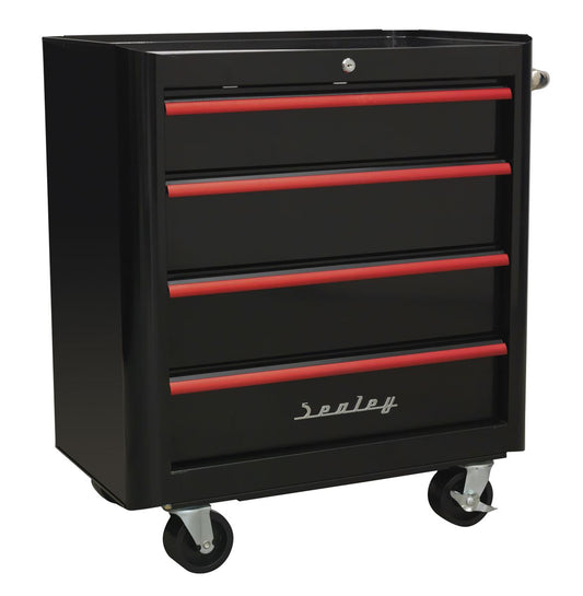 Sealey Rollcab 4 Drawer Retro Style- Black with Red Anodised Drawer Pulls AP28204BR