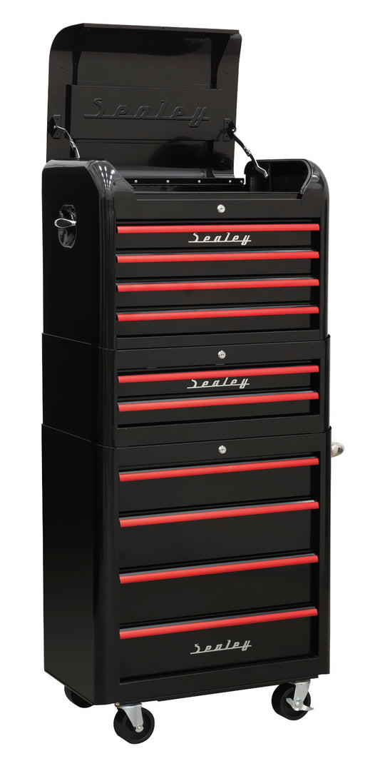 Sealey Retro Style Topchest, Mid-Box & Rollcab Combination 10 Drawer - Black with Red Anodised Drawer Pulls AP28COMBO2BR