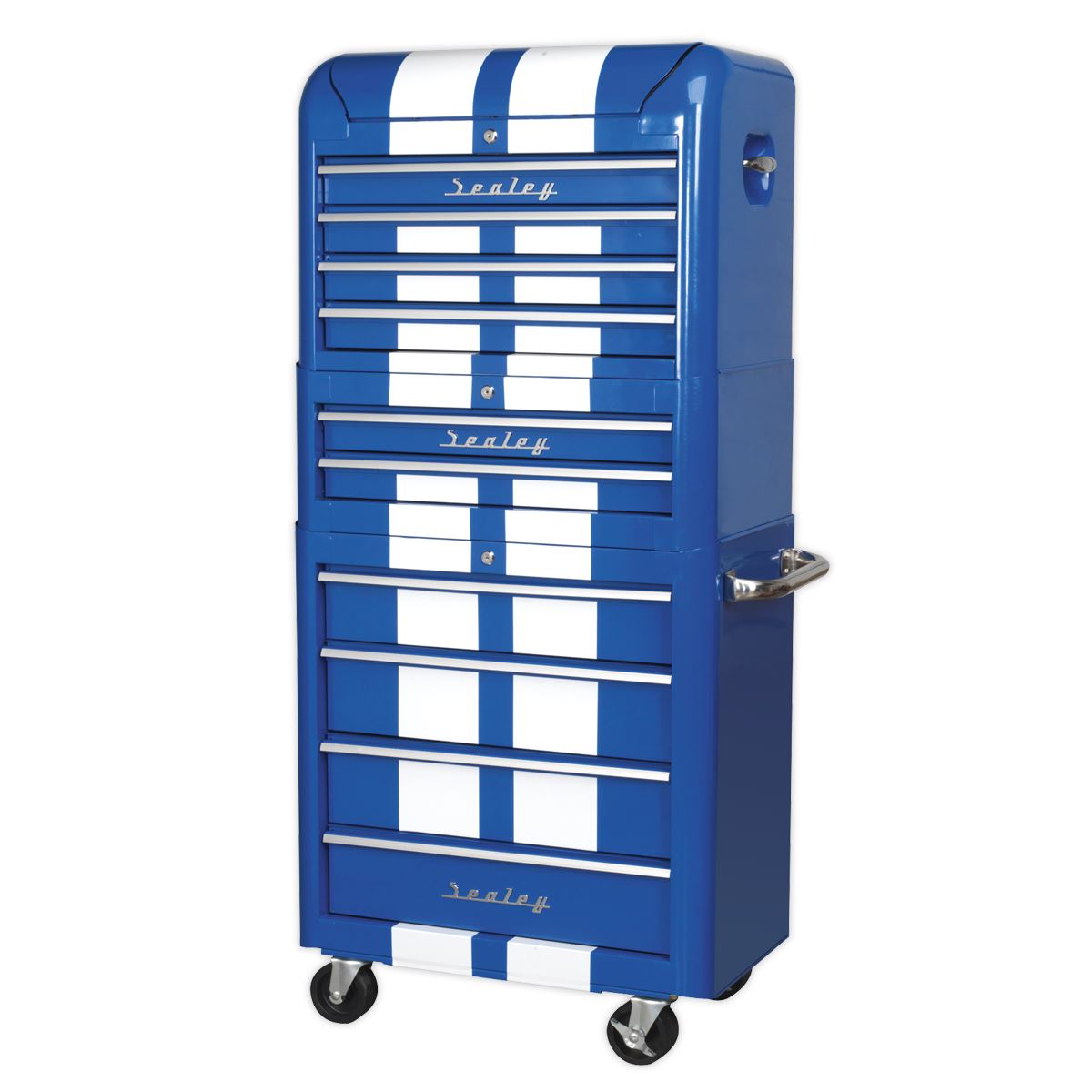 Sealey Retro Style Topchest, Mid-Box & Rollcab Combination 10 Drawer Blue/White Stripes AP28COMBO2BWS