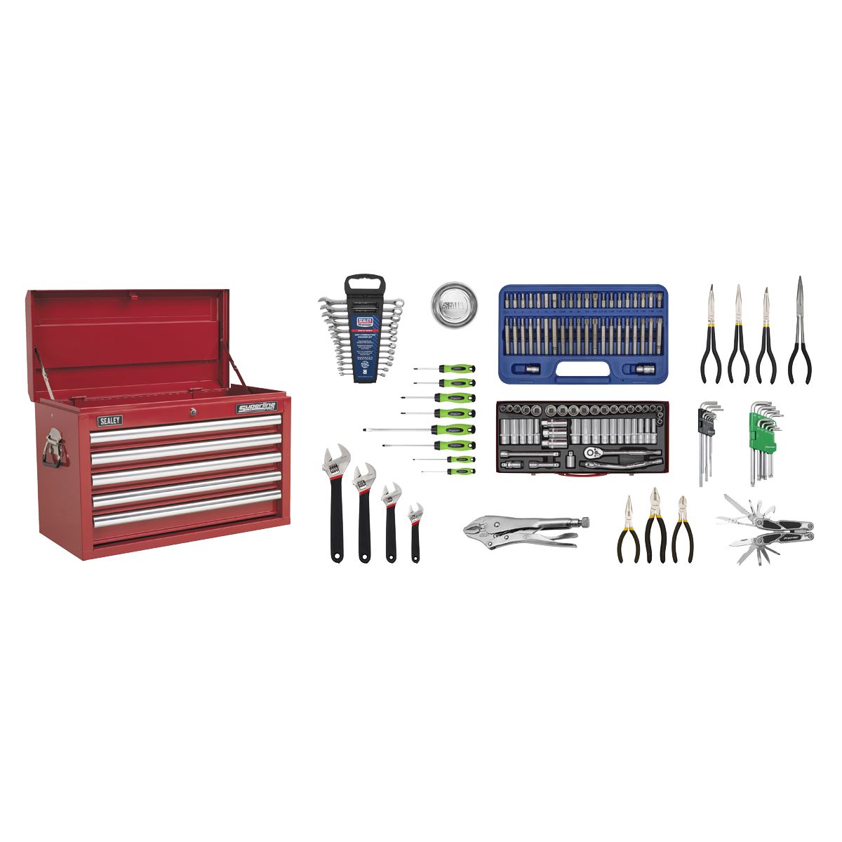 Sealey Topchest 5 Drawer with Ball-Bearing Slides - Red & 140pc Tool Kit AP33059COMBO