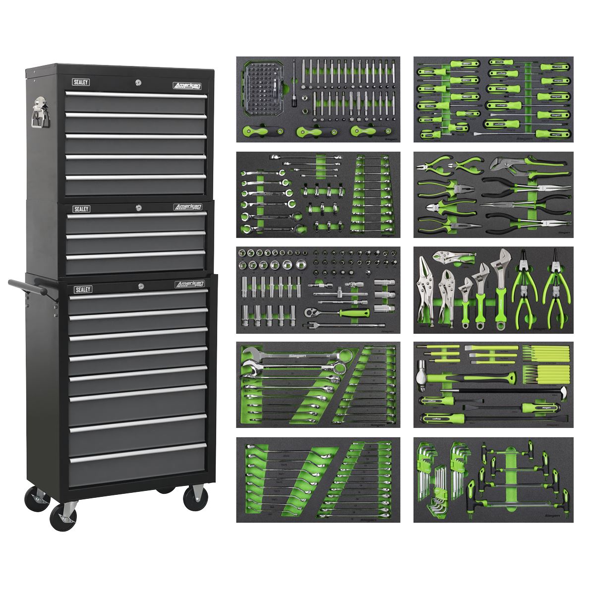 Sealey Tool Chest Combination 16 Drawer with Ball-Bearing Slides - Black/Grey & 420pc Tool Kit AP35TBCOMBO