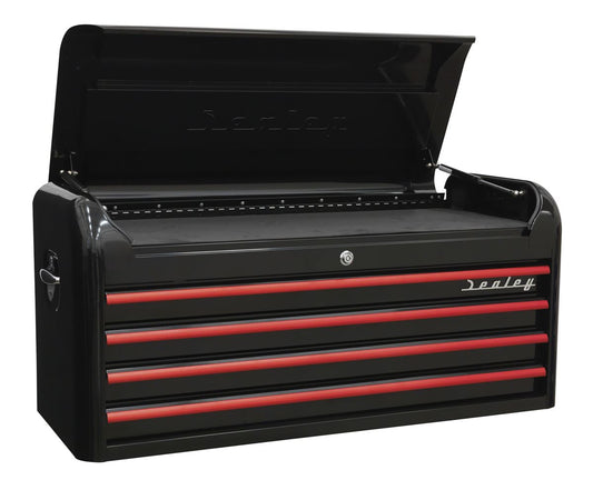 Sealey Topchest 4 Drawer Wide Retro Style - Black with Red Anodised Drawer Pulls AP41104BR
