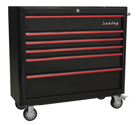 Sealey Rollcab 6 Drawer Wide Retro Style - Black with Red Anodised Drawer Pulls AP41206BR