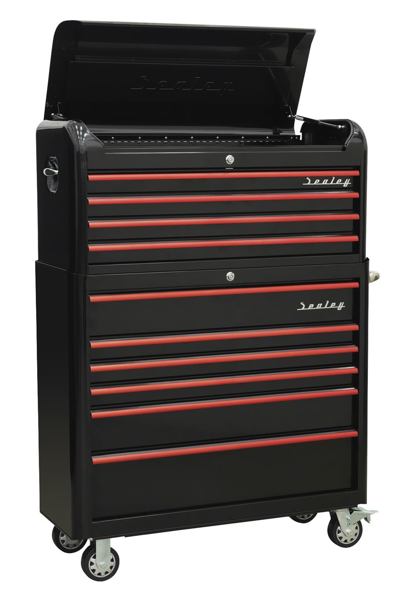 Sealey Retro Style Wide Topchest & Rollcab Combination 10 Drawer-Black with Red Anodised Drawer Pull AP41COMBOBR
