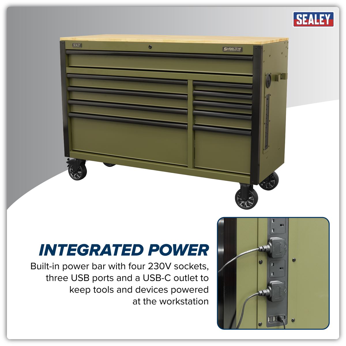 Sealey Mobile Tool Trolley Wooden Worktop Power Bar 10 Drawer 1320mm AP5210KBE